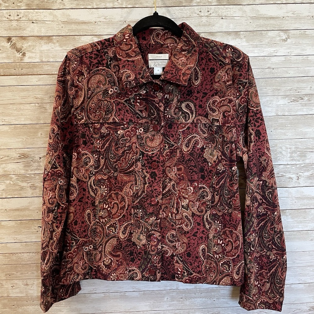 Christopher & Banks Womens M Shirt Jacket Burgundy Red Paisley Button Up Stretch